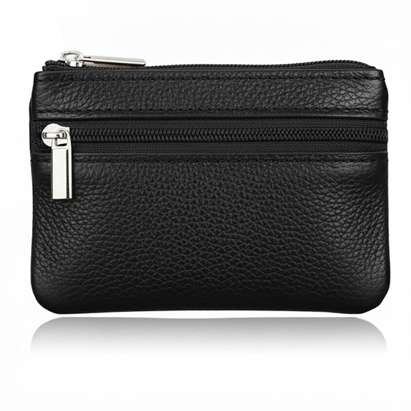 Hibate Black Small Leather Coin Purse Change Pouch for Women Men Kids with Zip Key Ring - Image 1